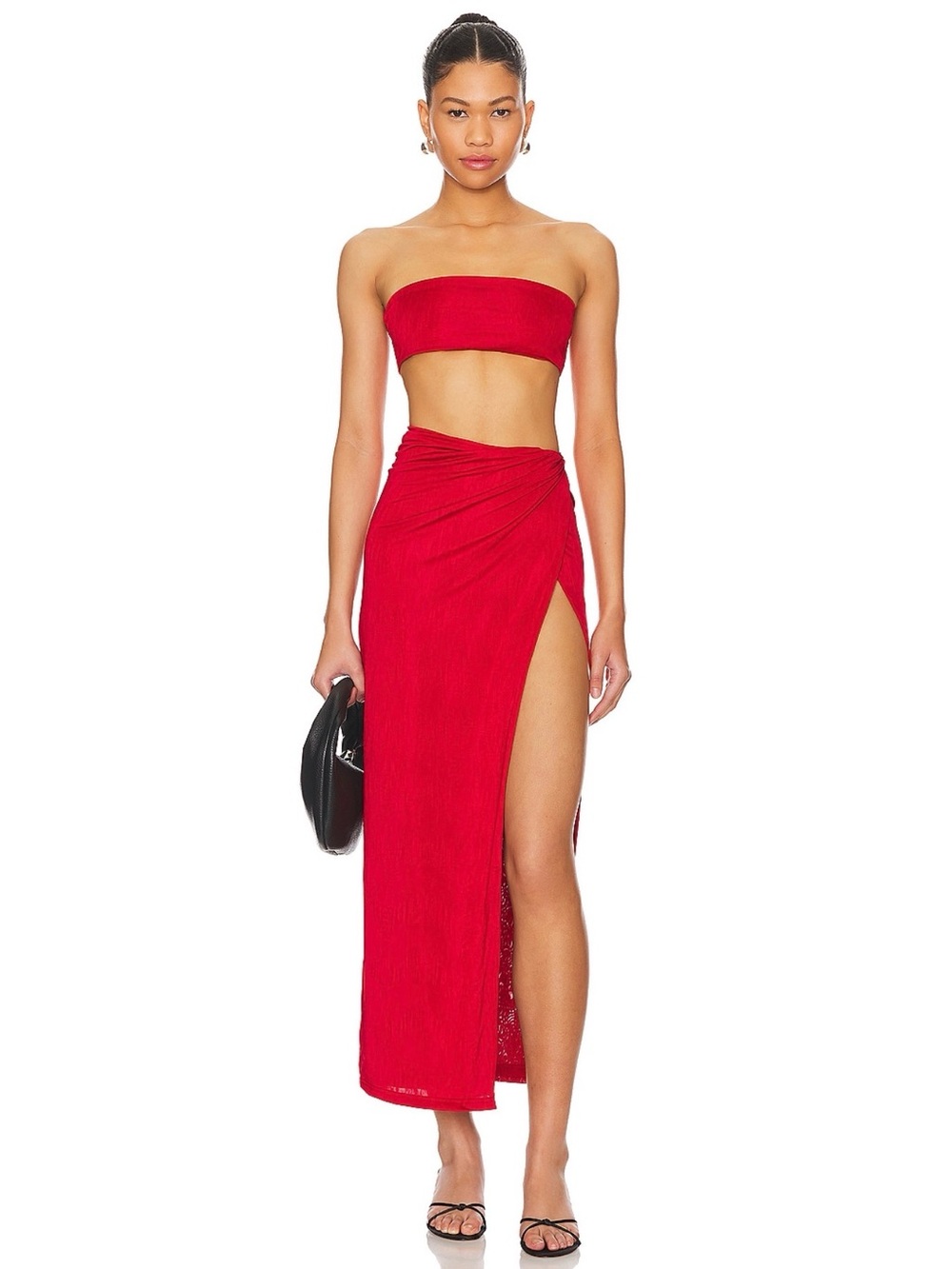 SUPERDOWN Karolyna Maxi Skirt Set Red S | 2 Piece Strapless Tube Top High Slit S